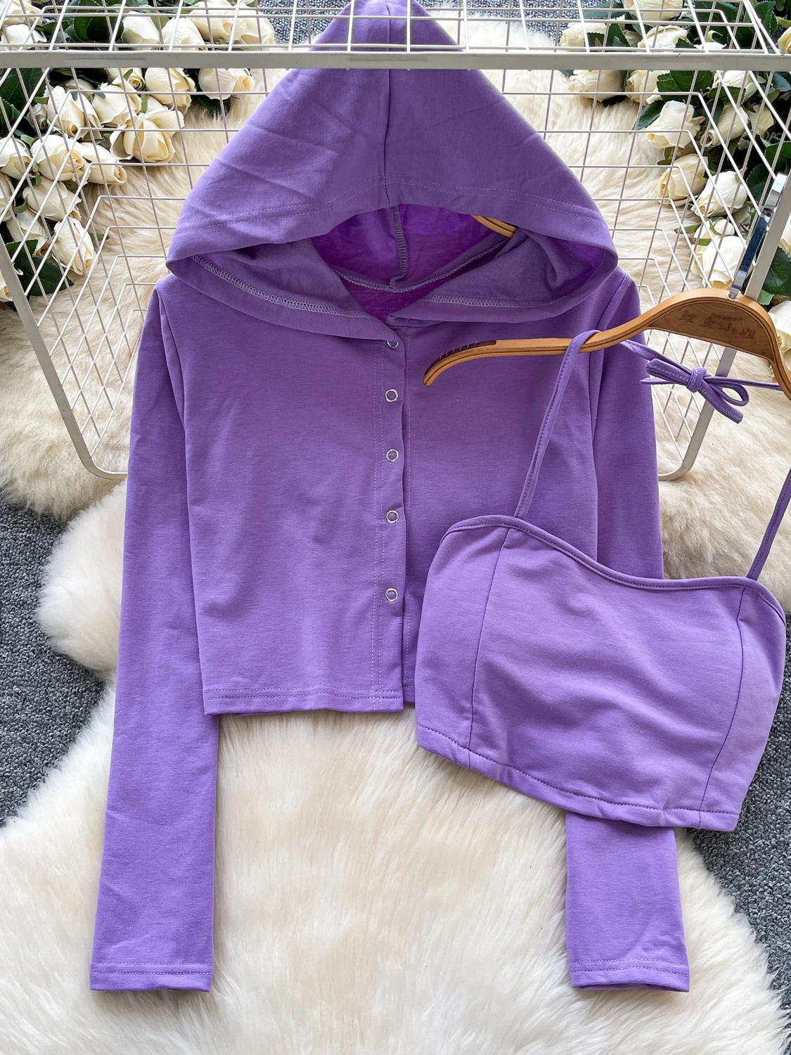 Setelan Wanita Kasual dengan Tali Selempang, Atasan Dalaman Musim Gugur dengan Rompi Luar dan Hoodie, Setelan Fashion Wanita