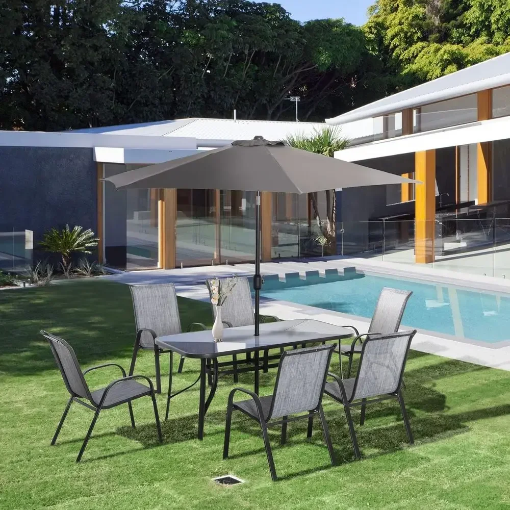 8-Piece Outdoor Patio Furniture Set with 9-Foot Umbrella, Dining Table, 6 Chairs, Crank Lift Parasol, Tempered Glass Top, Gray