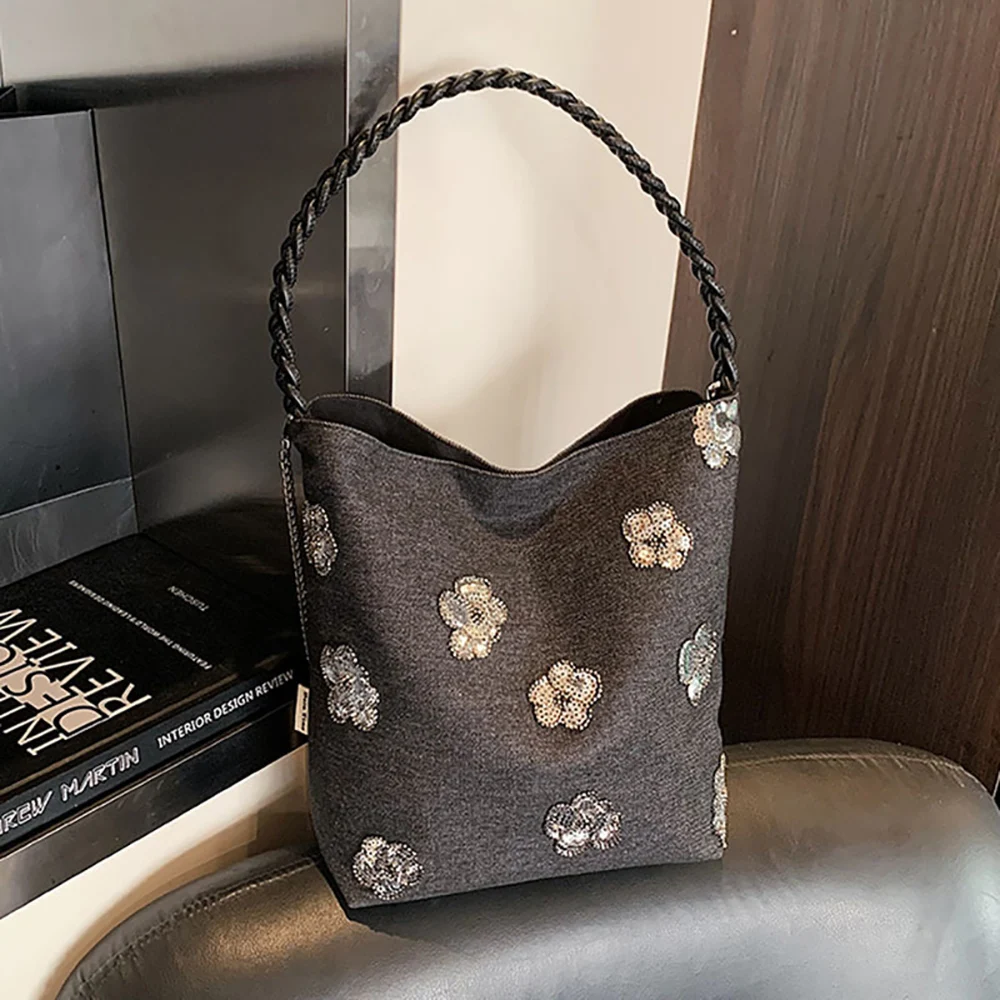 

Французская винтажная сумка через плечо с пайетками и цветочным узором, женская вместительная универсальная сумка-ведро для повседневного использования, сумка-кроссбоди