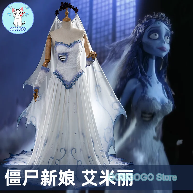 COSGOGO Anime Tim Burtons Corpse Bride Emily Same Style Cosplay Costume Halloween Outfits Women Clothing White Long Dress