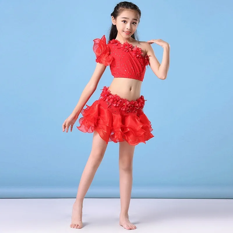 Trajes de dança do ventre personalizados, vestido de performance infantil, saia bufante sem ombros, vestido de prática, conjunto de dança do ventre para meninas