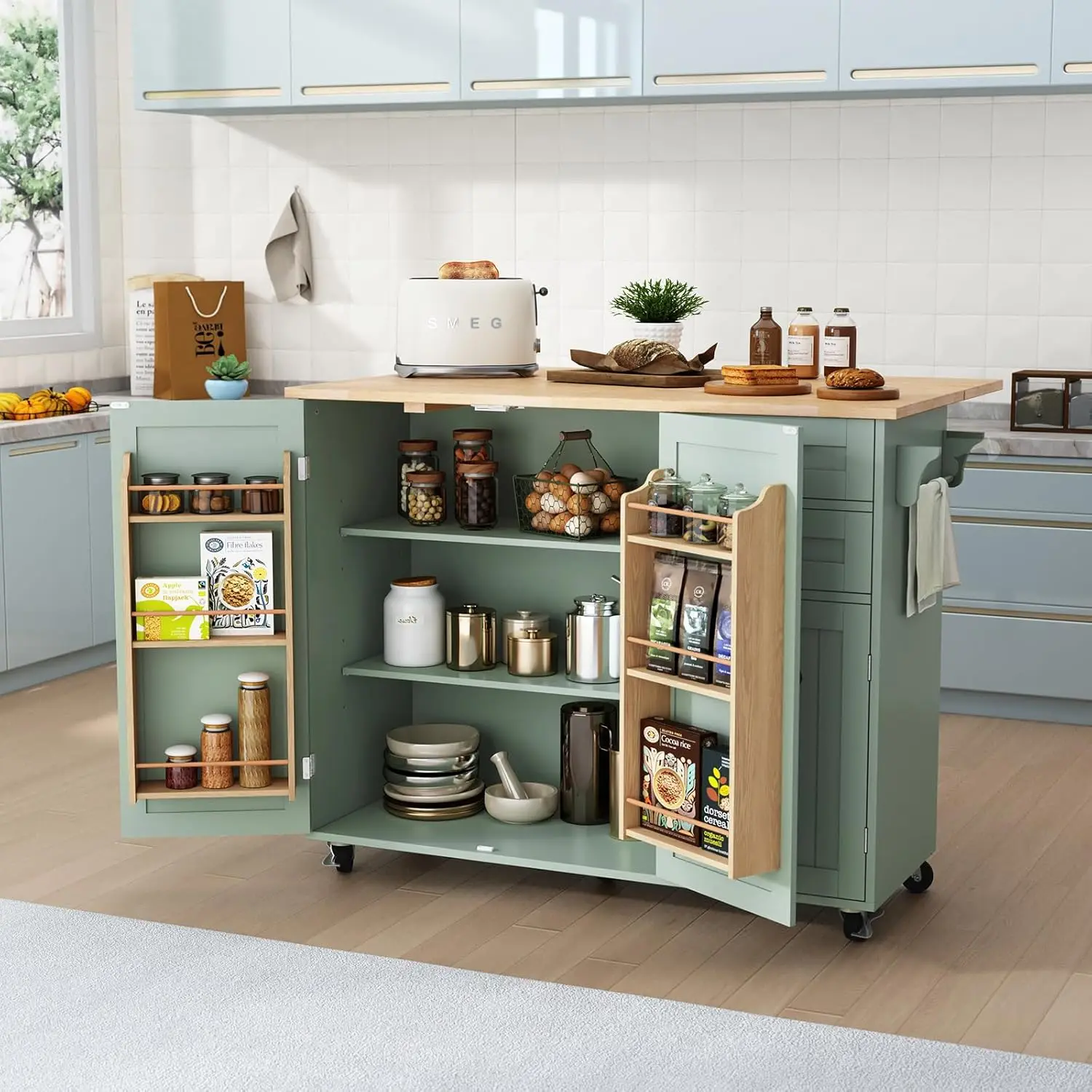 

Kitchen Island with Storage, Sage Green Rolling Kitchen Cart on Wheels with Drop-Leaf Bar Countertop, Islands Prep Table with Si
