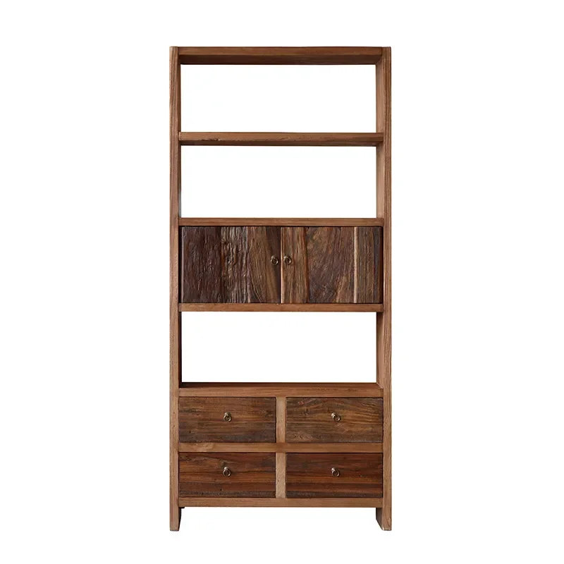 Rustic Solid Wood Display Cabinet Wabi Sabi Tea Room Storage Shelf Vintage Bookcase for Cup Collection Simple Home Decor