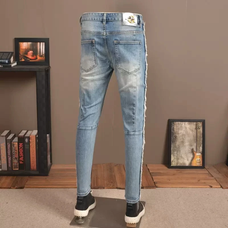  Men Jeans Light Blue Washed Distressed Denim Pants Fringe Side Seam Ripped Slim Fit Streetwear Hip Hop Jeans Y2K