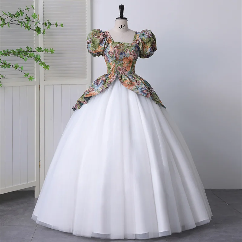 Vintage Evening Gown Princess Prom Dresses Short Sleeve Print White Long Women Special Occasion Dress Evening Party Gown Vestido