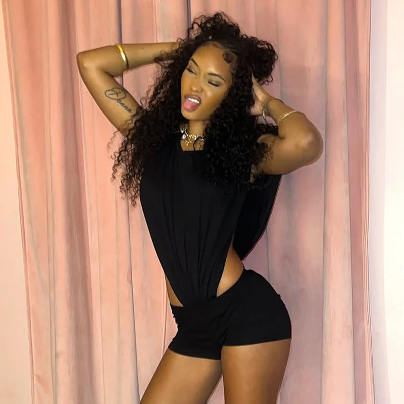 

DSMTRC Sexy Women's Coquette Sleeveless Side Split Bodysuits Tops+Shorts Two Piece Sets Stretch Midnight Matching Clubwear Suits