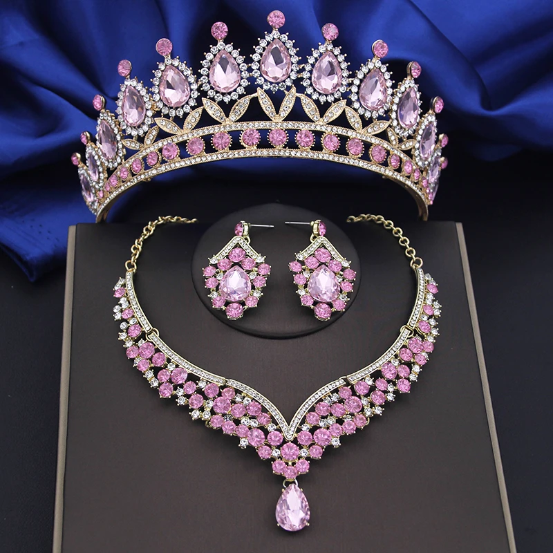 Pink Bridai Crown Jewelry Sets for Women 3 Pcs Tiaras With Necklace Earrings Set Wedding Brides Prom Costume Accessory