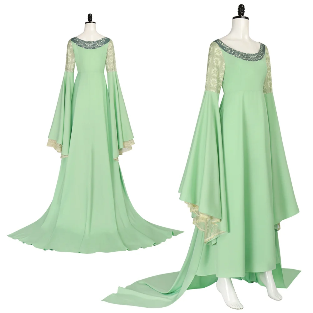 Arwen Cosplay Green long Dresses Wide Sleeve Crown props Elven Princess Lady Costumes Halloween Carnival Party for Woman