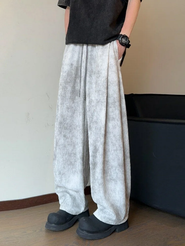 

American Retro Dyed Ice Silk Pants Men's High-End Feeling Texture Folded Summer Loose Drape Wide Leg Thin Straight Leg Casual...