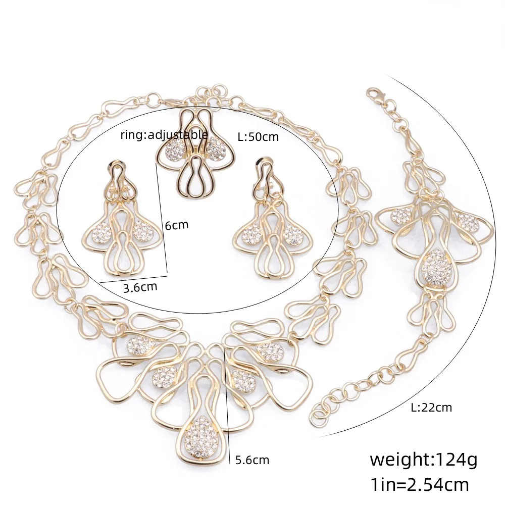 Women Italian Bridal Crystal Gold Color Irregular Necklace Earrings Bangle Ring Party Constume Jewelry Set