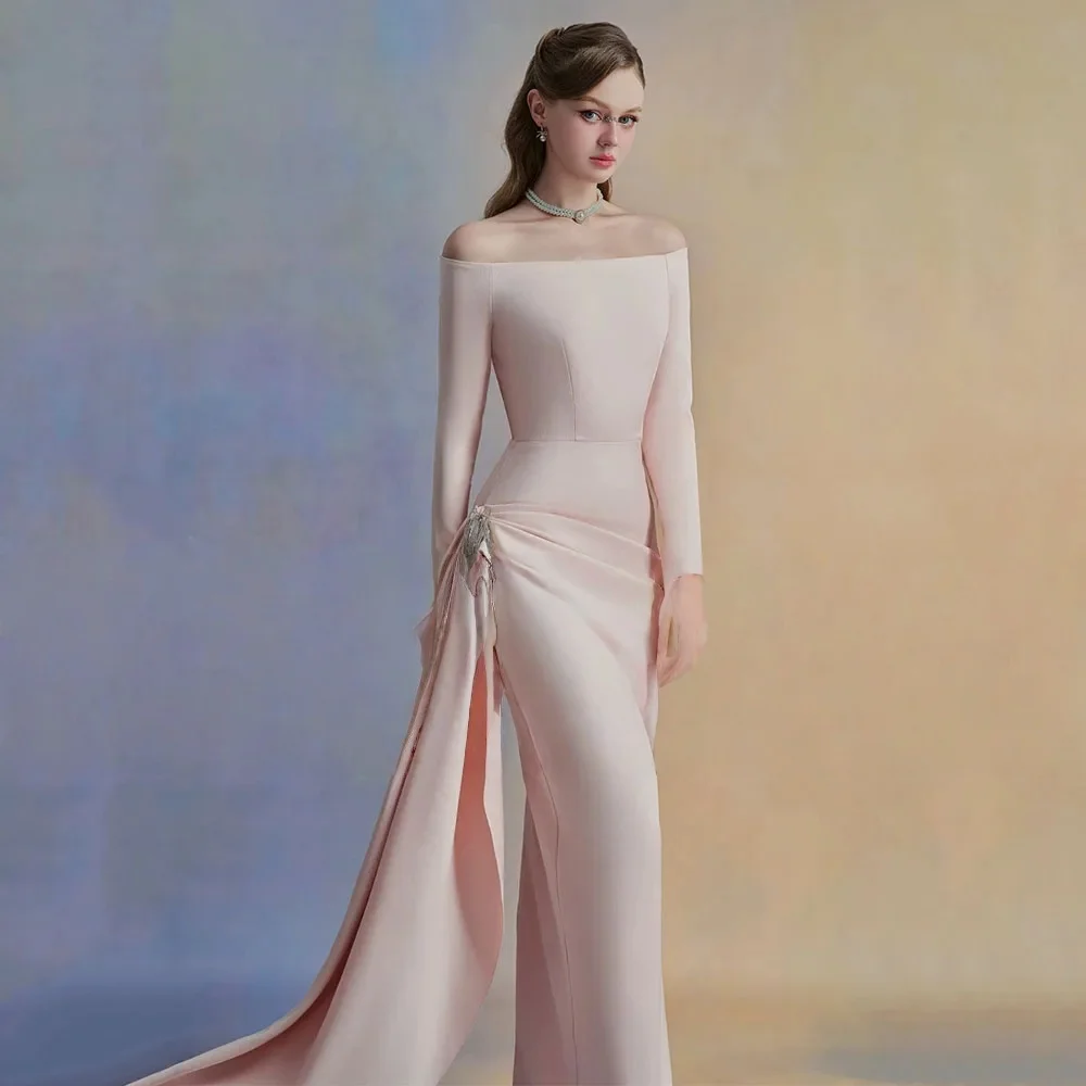 

2025customized Wedding Guest Dress Elegant Evening Dress Off the Shoulder Long Sleeves Draped Column Evening Gowns for Women