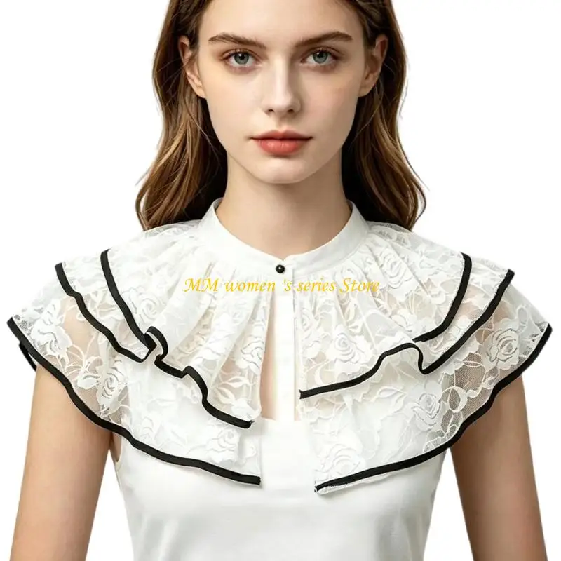 Q39C Polyester Lace Collar Shawl with Ruffled Shoulder Overlay for Portrait Wear, Costume Styling and Layered Looks