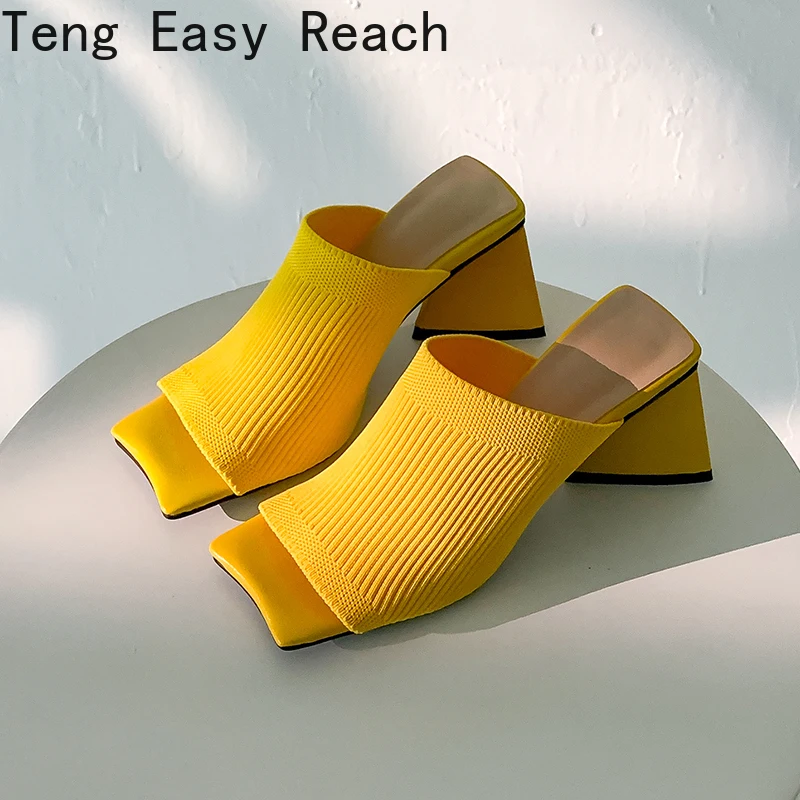 2022 New Summer sandals knitting Triangle Thick heel Slippers Sexy Street Woman Square toes Dress Party shoes black yellow