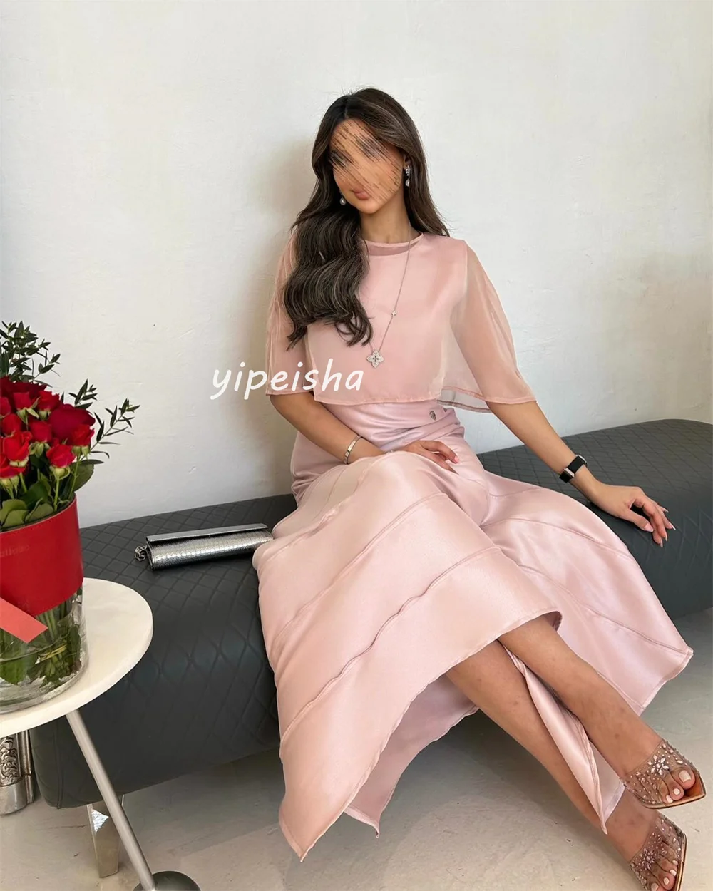 Customized Fashion Simple Pleat A-line High Collar Midi Dresses Evening Dresses Sizes Available High Quality Modern Style Matchi