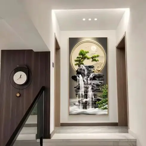 Welcome guests, pine light luxury entrance decoration painting, flowing water generates wealth, illuminated corridor mural