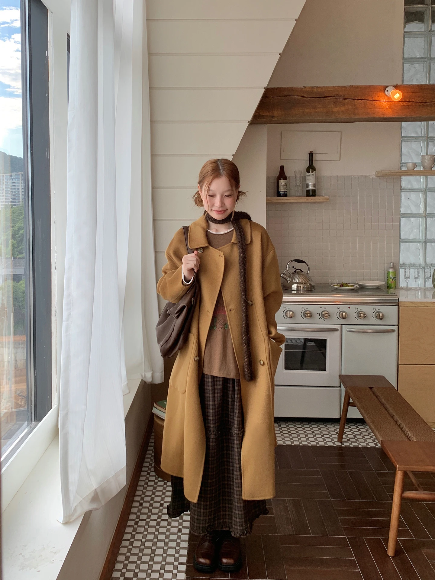 

Двустороннее шерстяное длинное пальто с ромбовидным узором, высококачественная зимняя верхняя одежда, стильное однотонное пальто с отложным воротником для повседневной носки