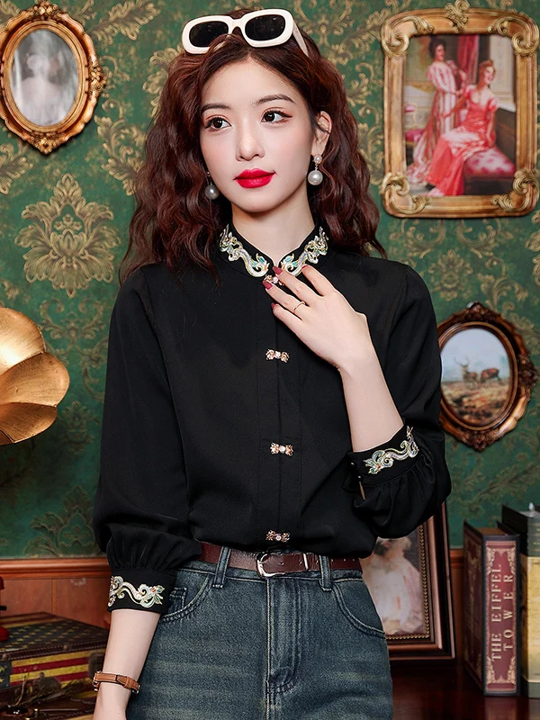 

Женская блузка Ele Bla с вышивкой и воротником, весна-осень, в китайском национальном стиле, новый ретро-дизайн, с ощущением изысканности