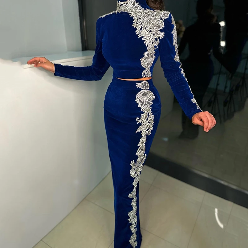 Thinyfull Formal Mermaid Prom Dresses Long Sleeve Beadings Evening Dress 2023 Saudi Arabia Velvet Cocktail Party Gowns Plus Size