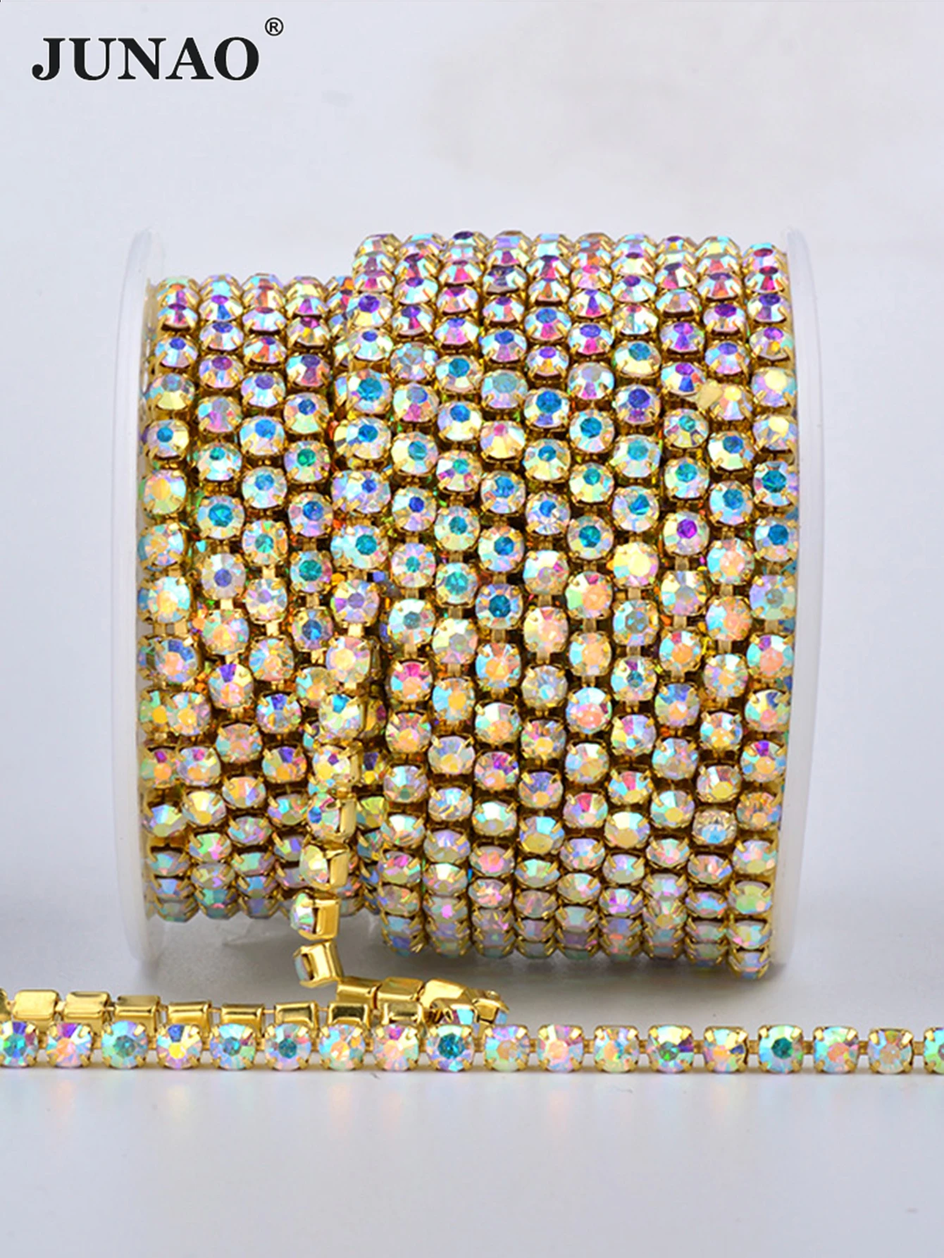 JUNAO SS6 8 10 12 16 18 Clear AB Glass Rhinestones Chain Crystal Ribbon Silver Metal Trim Strass Banding for Clothes Crafts