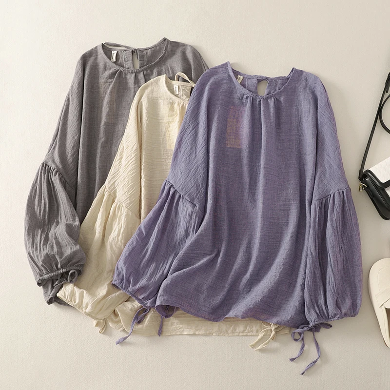 

Loose Slimming Sun Protection Cover up Top Thin Lantern Sve T-irt Pure Color Cotton Blend Summer Faion Women's irt