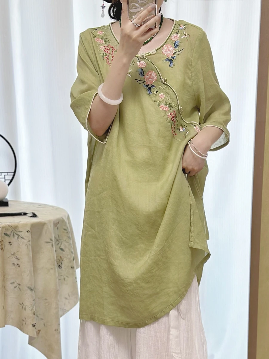 New Chinese Sle Women's High-End Silk Embroidery irt Dr Zen Tea Costume Spring Summer Faion Ele