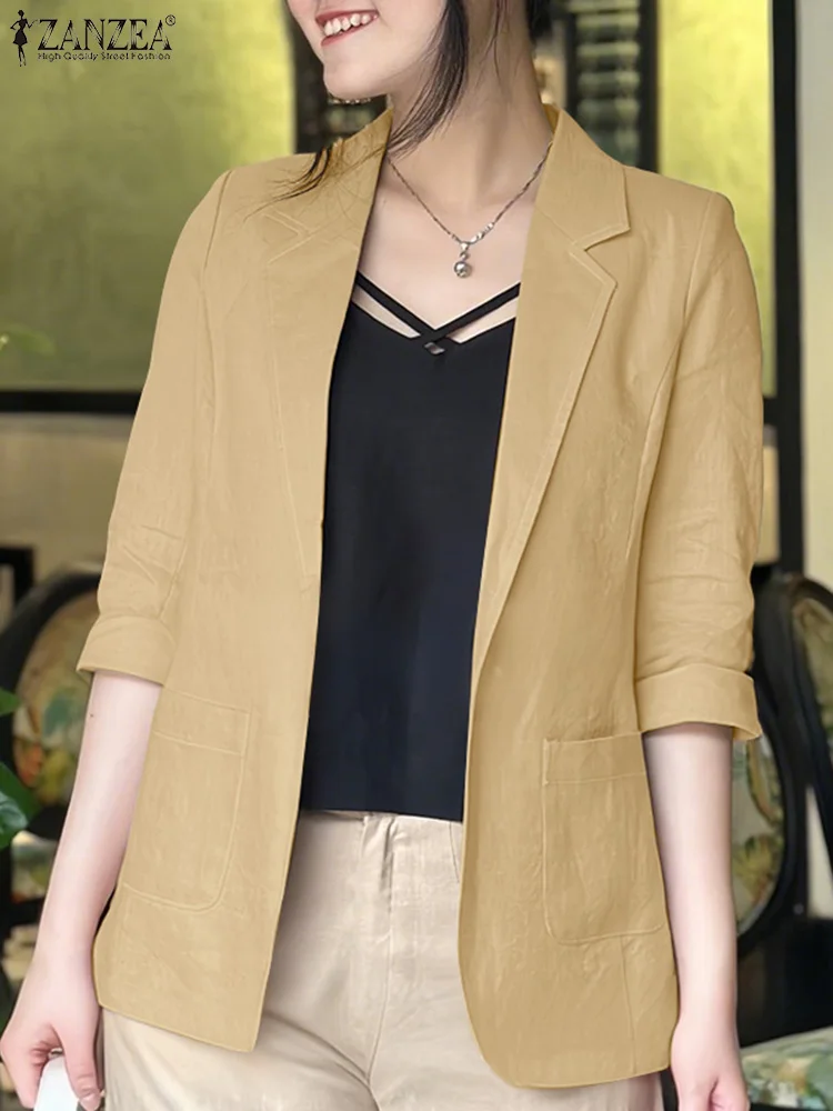 

ZANZEA 2025 Autumn Work OL Blazer Casual Women khaki Suits Fashion Turn-Down Collar Overcoats Single Button Pockets Outers Thin