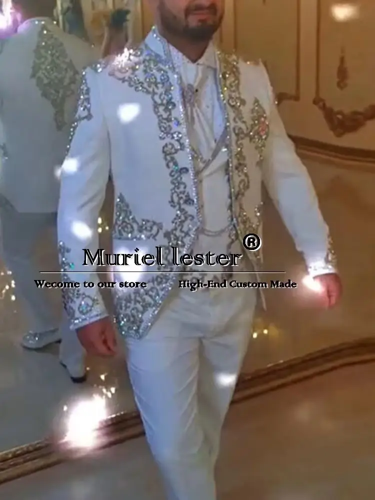 Exclusive Suits Men For Wedding Customized Sparkly Beaded Crystals Prom Blazer Groom Tuxedo Male Fashion 3 Pieces Set  Outfits