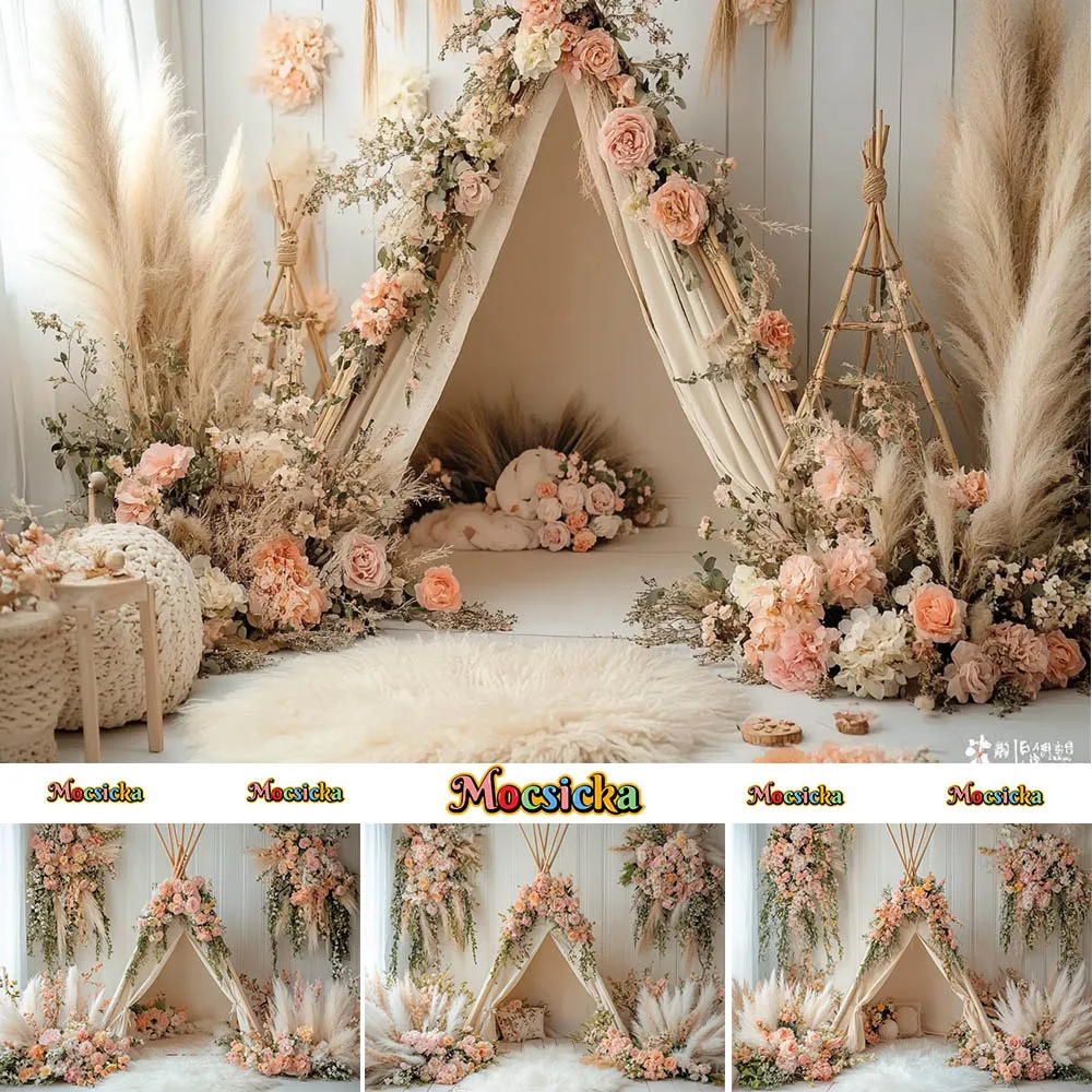 Mocsicka Photography Background Boho Tent Blanket Floral Decoration Newborn Baby Portrait Photo Backdrops Studio Props banner