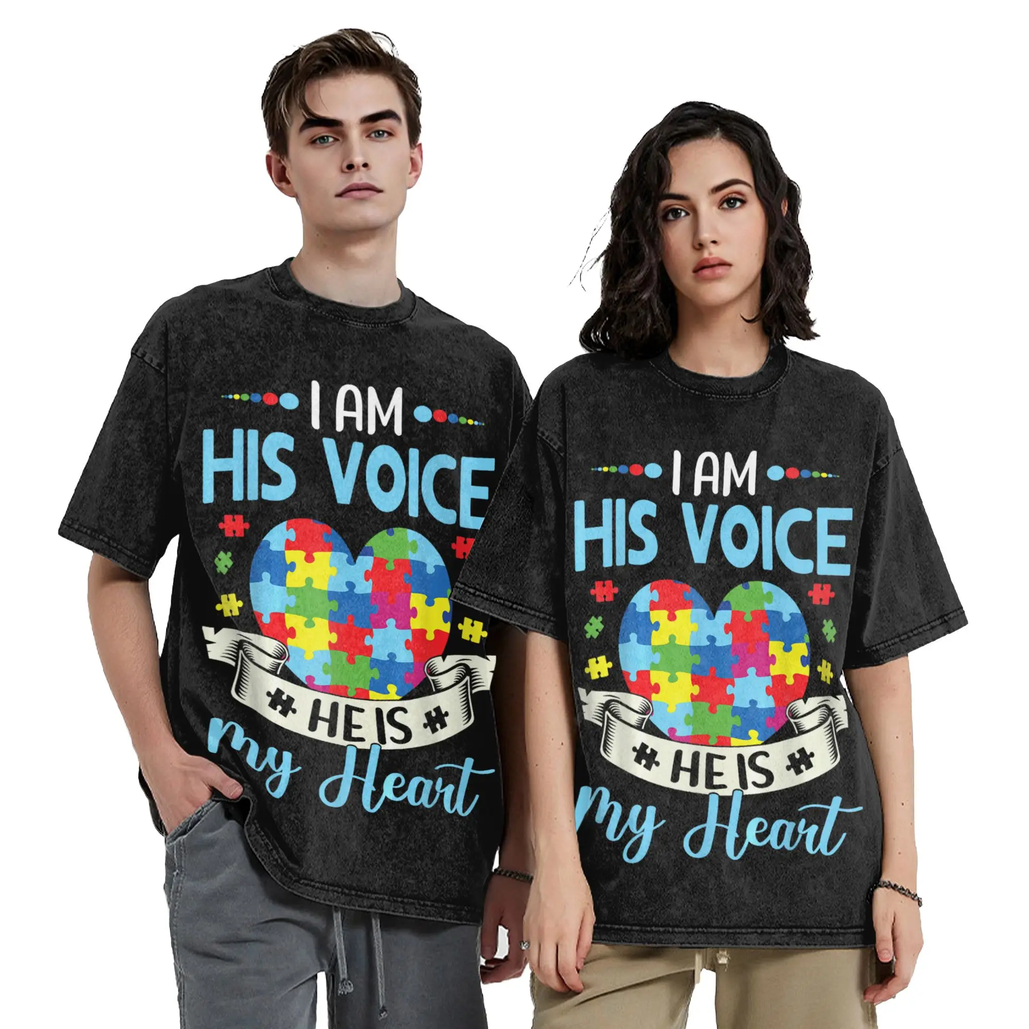 I Am His Voice He is My Heart Autism Awareness Puzzle Piece Washed T Shirts Streetwear T-Shirt Tees Men Women 100% Cotton