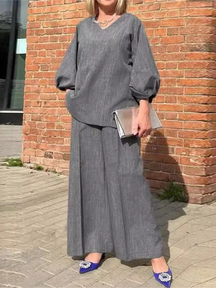 

Casual Solid Loose Set For Women Fashion Long Sleeve V Neck Tops+Wide Leg Pants Two Piece Outfits Woman Spring Womens Clothing