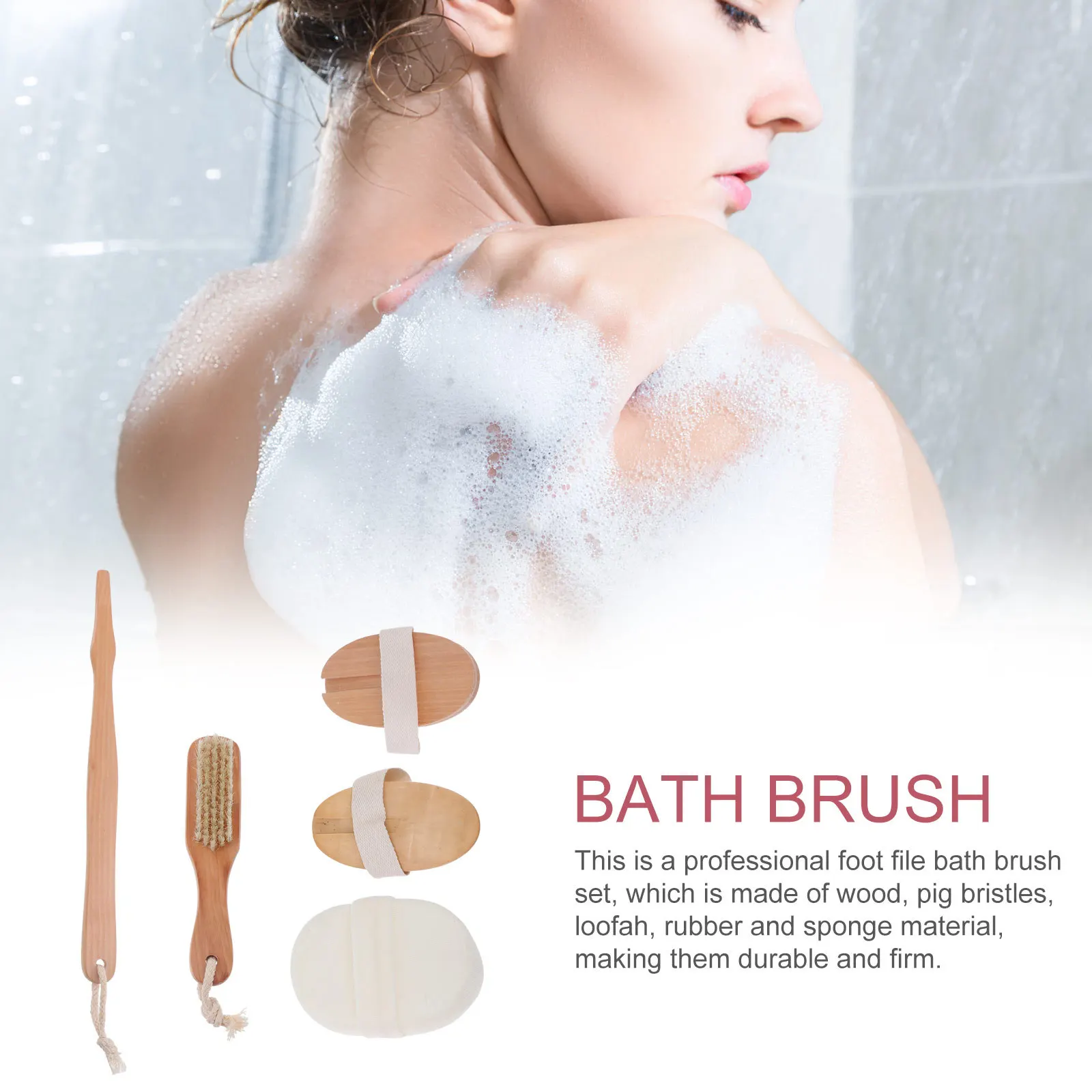 

Bamboo Wood Bristle Bath Brush Set Double-Sided Foot Body Scrub Massage Tool Portable Exfoliating Shower Brush For Back