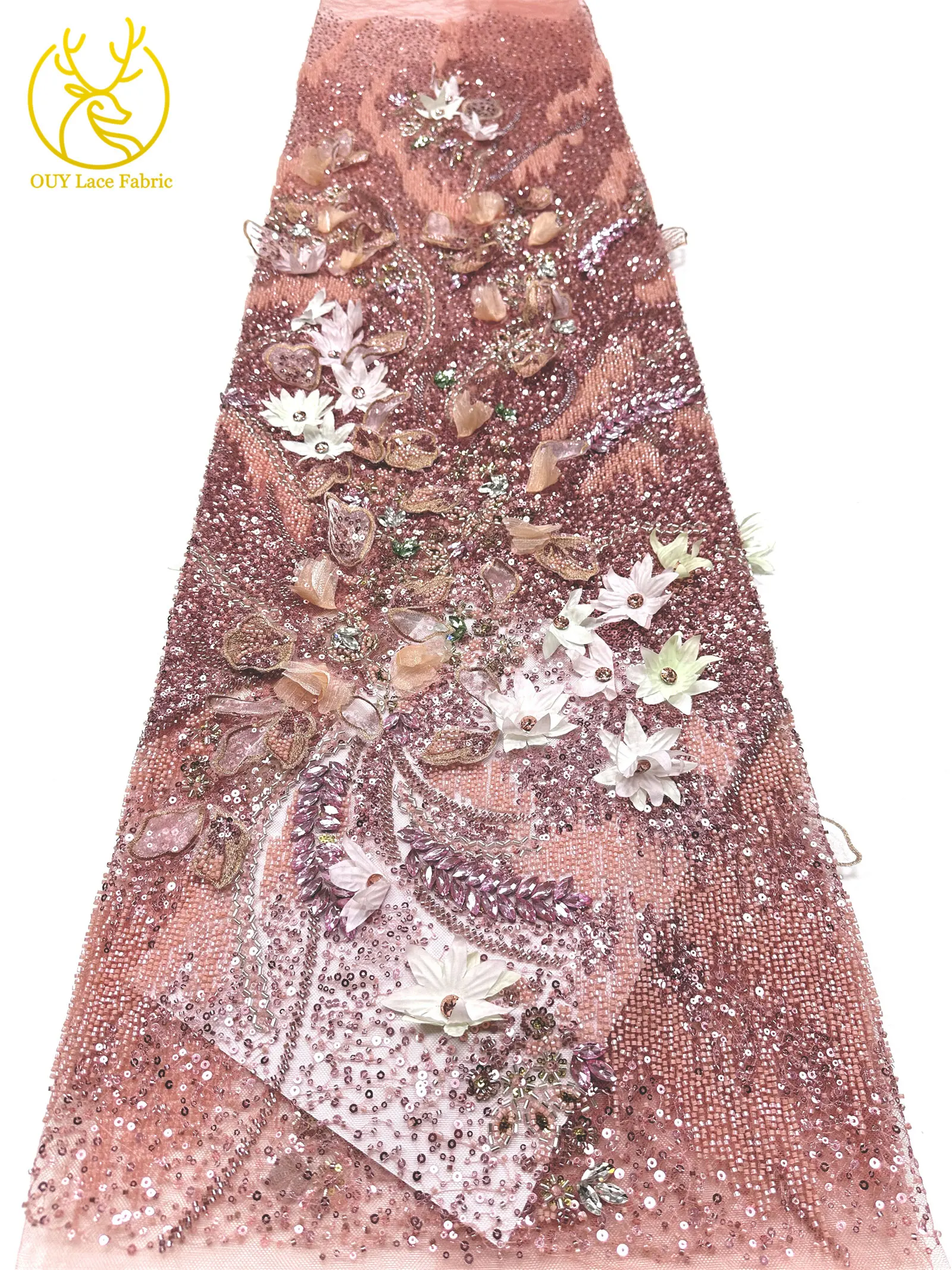 Hochwertiger luxuriöser französischer Edelstein-Perlenstickerei-3D-Blumen-Afrikanischer-Pailletten-Spitzenstoff für DIY handgefertigtes Hochzeitskleid. – Detail 24