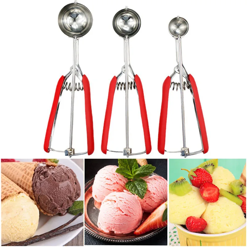 3/4/5cm Ice Cream Spoon Stainless Steel Mash Potato Cookies Watermelon Ball Scoop With Spring Handle Home Frozen Cooking Tools