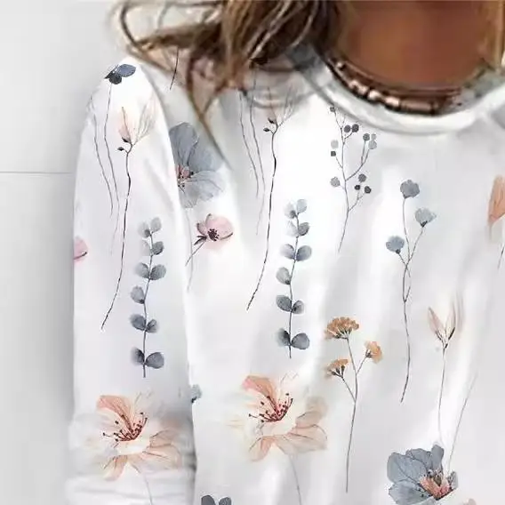 

Floral round Ne Long Sve T-irt for Women Large Size Comfortable Breathable Home Use Protective Clothing