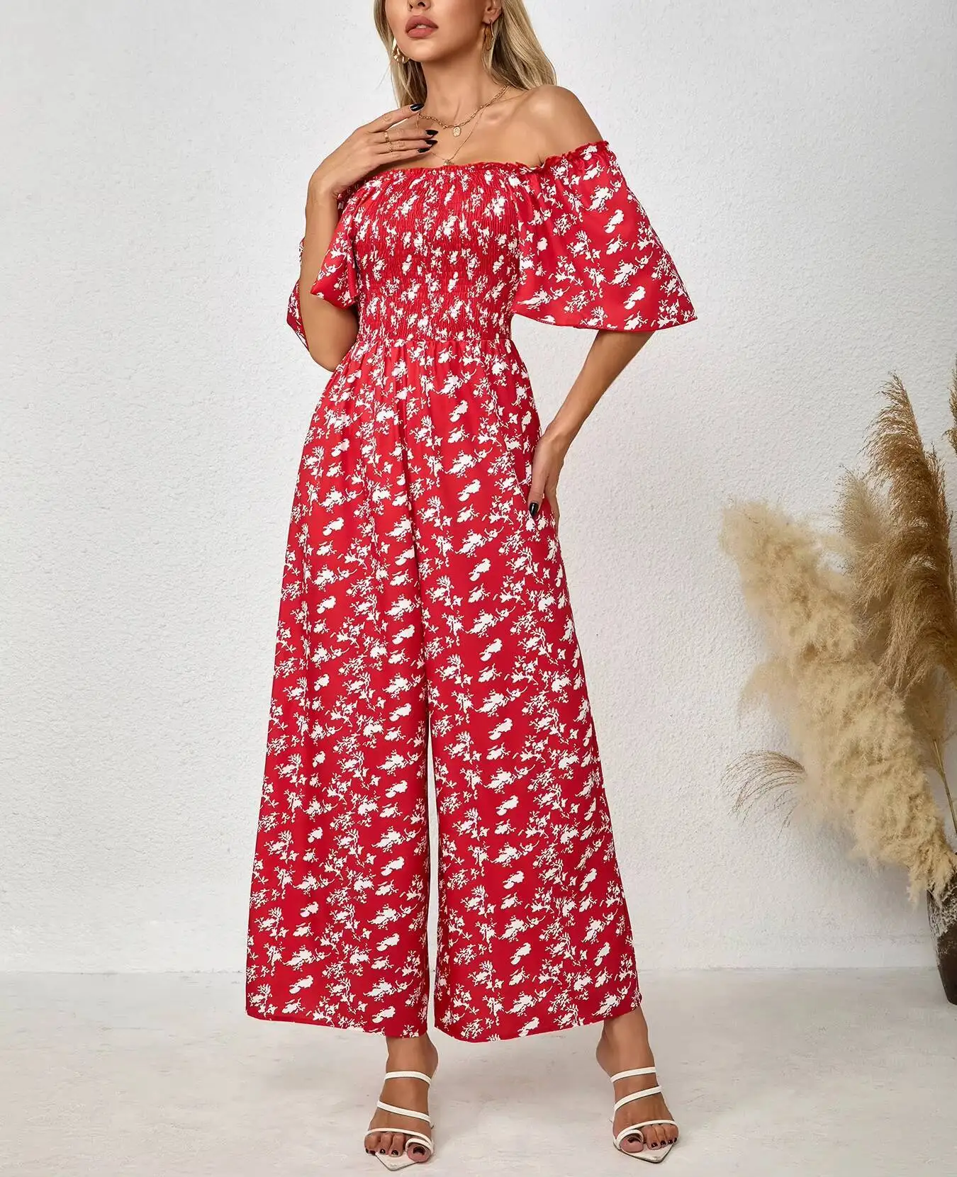 Women's Red Jumpsuit Floral Print Square Neck Flutter Sleeve Smocked Waist Wide Leg Spring Summer Party Casual Vacation Romper view 3