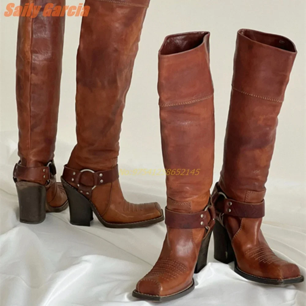 Retro Western Chunky Boots Real Leather  Square Toe Belt Buckle Knee-high Women's Boots Fashion Solid Trendy High Heels New 2024