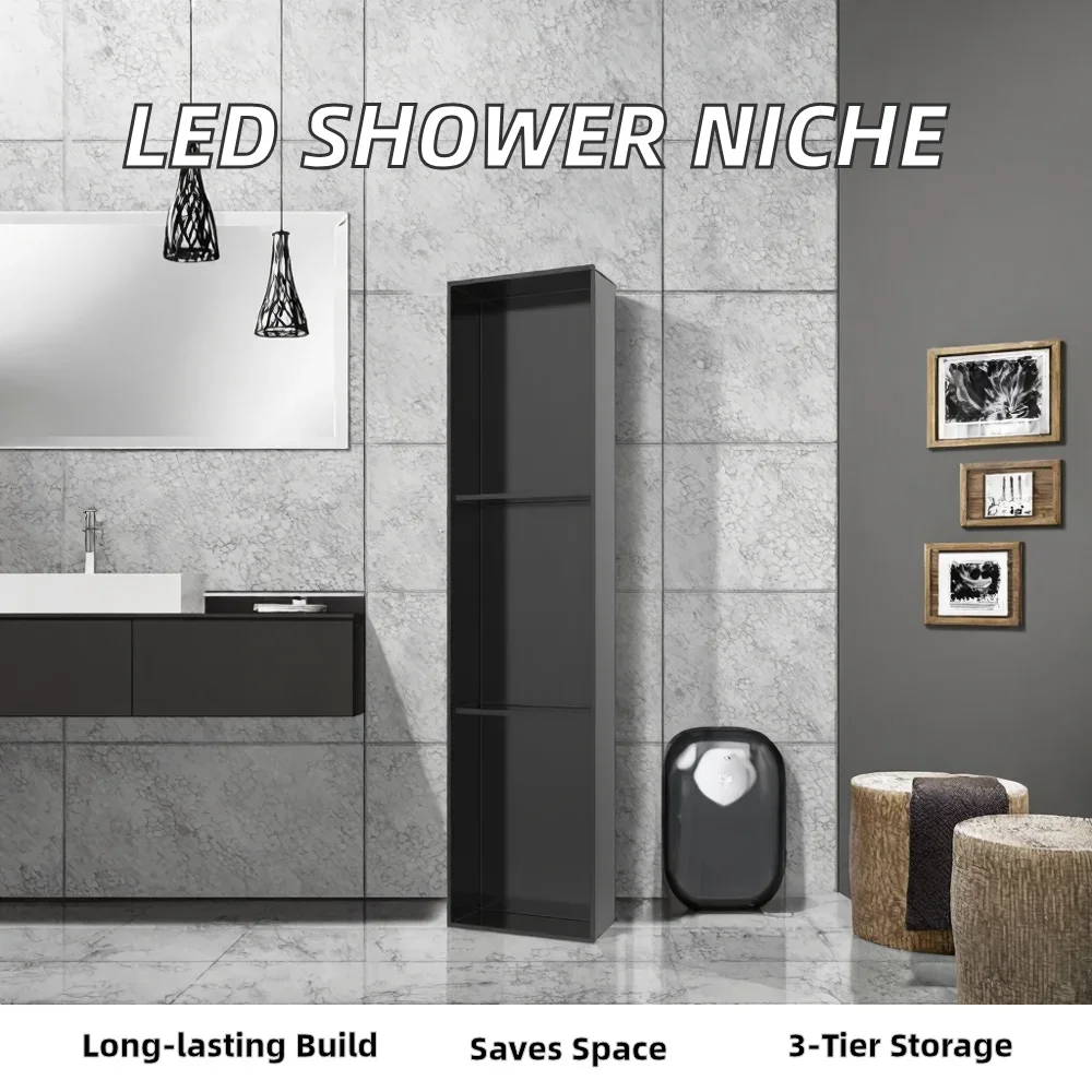 Modern Stainless Steel 3-Tier LED Shower Niche Wall-Mounted Brushed Storage Corner Shelf for Bathroom