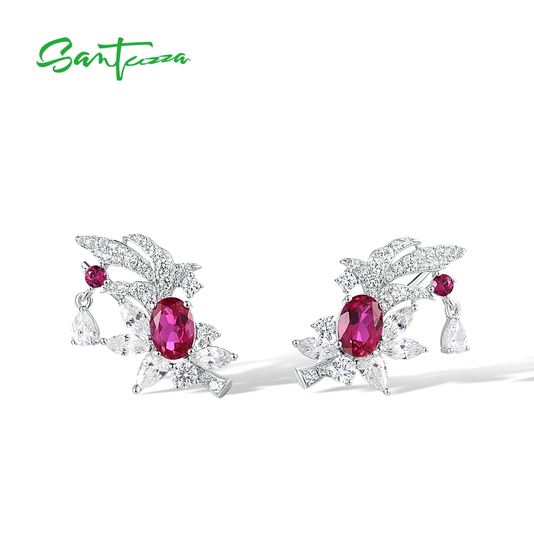 SANTUZZA Authentic 925 Sterling Silver Earrings Climber For Women Sparkling Created Ruby White CZ Pierce Elegant Fine Jewelry