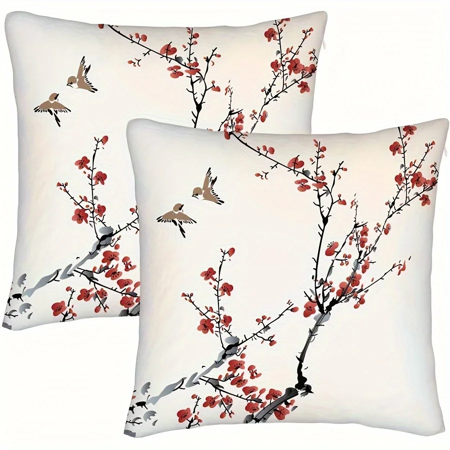 1pc Ink‑Style Plum Blossom & Birds Double‑Sided Print Pillow Cover, Cushion Case for Sofa Bedroom, Insert Not Included