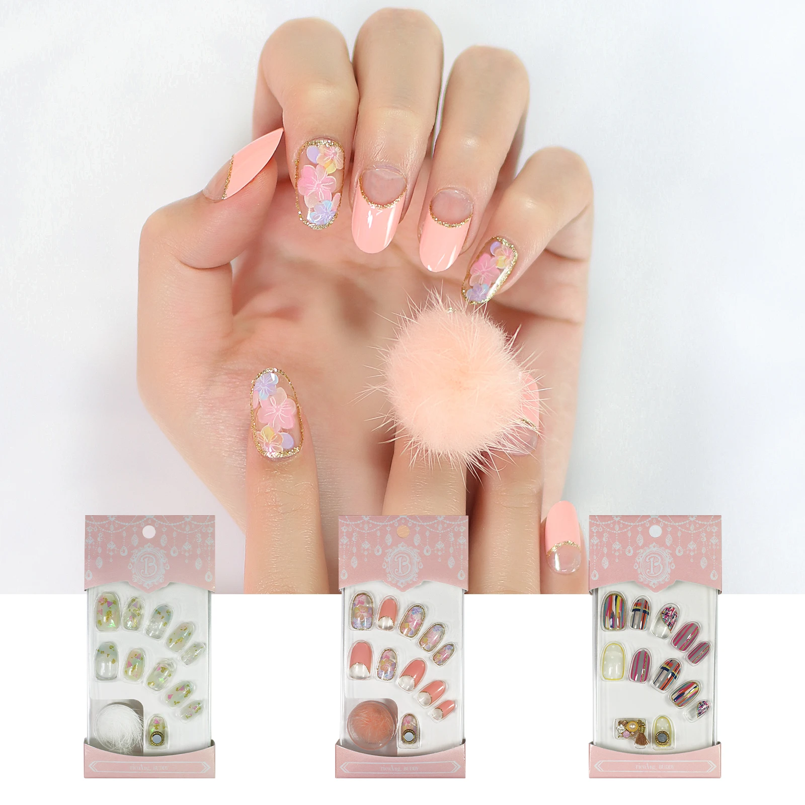 Press On Fake Nails Bundel Selling 3Set Free Shipping With Box Furry Jewelry Short Almond Fingernails Adhesive Already  Magnet