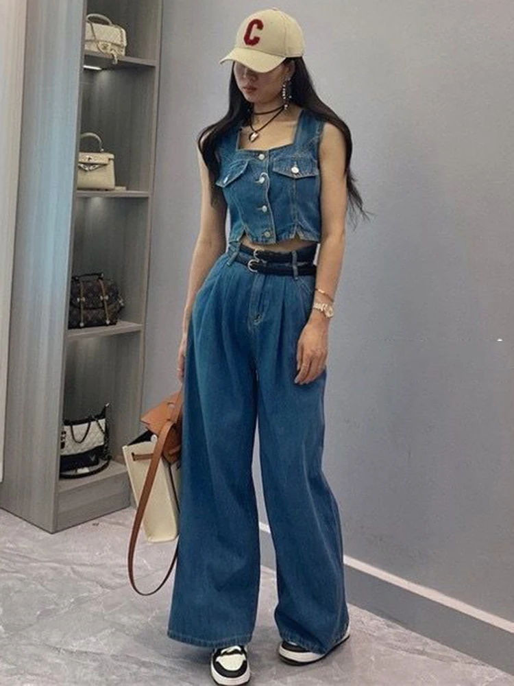 Summer Denim Two Piece Set For Women Sleeveless Tank Top Short Waistcoat Vintage Wide Leg Pants Long Jeans