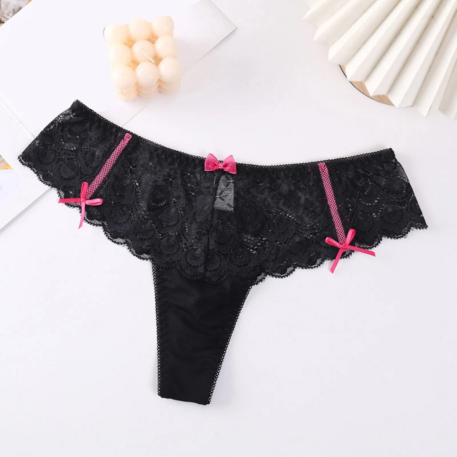 Women\'s Fashion Sexy Panties T Pants Lace Trim Bow Transparent Hollow Thong Panties plus Size Thongs