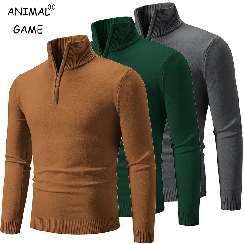 Men's Long Sleeve Streetwear Half Zipper Pullovers Autum Stand Collar Turtleneck Knitted Sweater Solid Color Breathable Coats