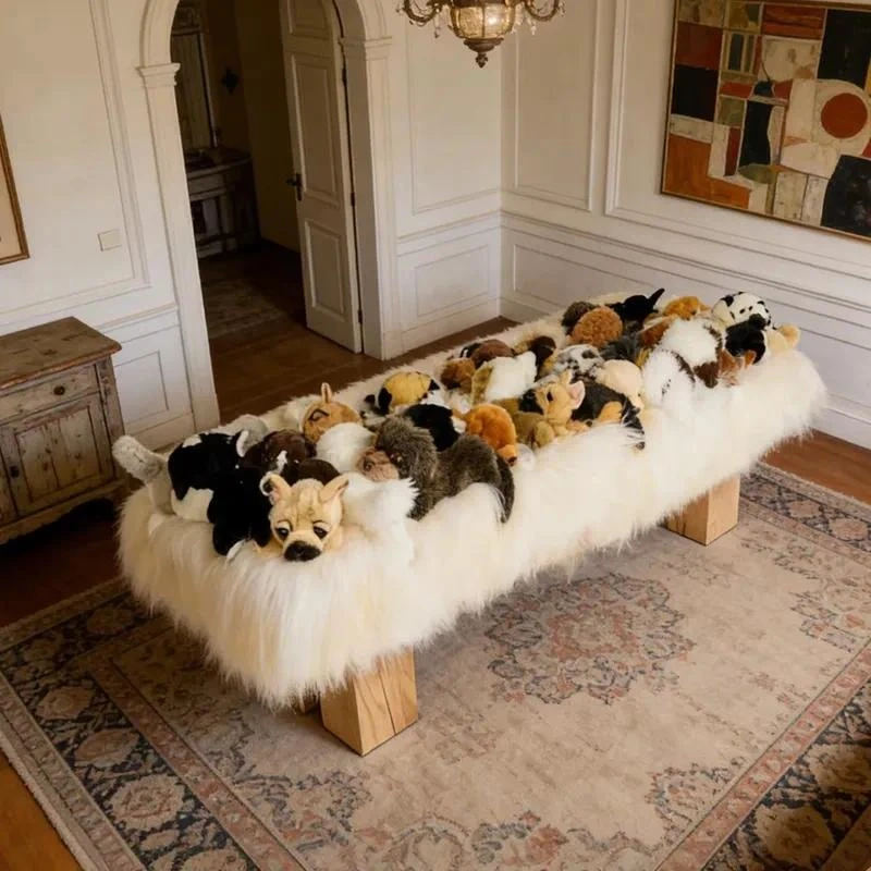 Fluffy bench white plush upholstered chair soft teddy plush bench