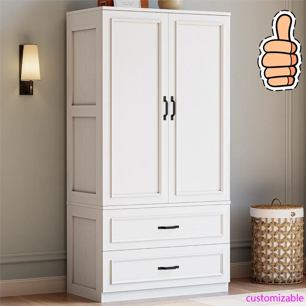 NEU – Schrank mit 2 Türen und 2 Schubladen, 70 Zoll H x 36 Zoll B, freistehende Kleiderschrankkombination aus Holz für Schlafzimmer zum Aufhängen