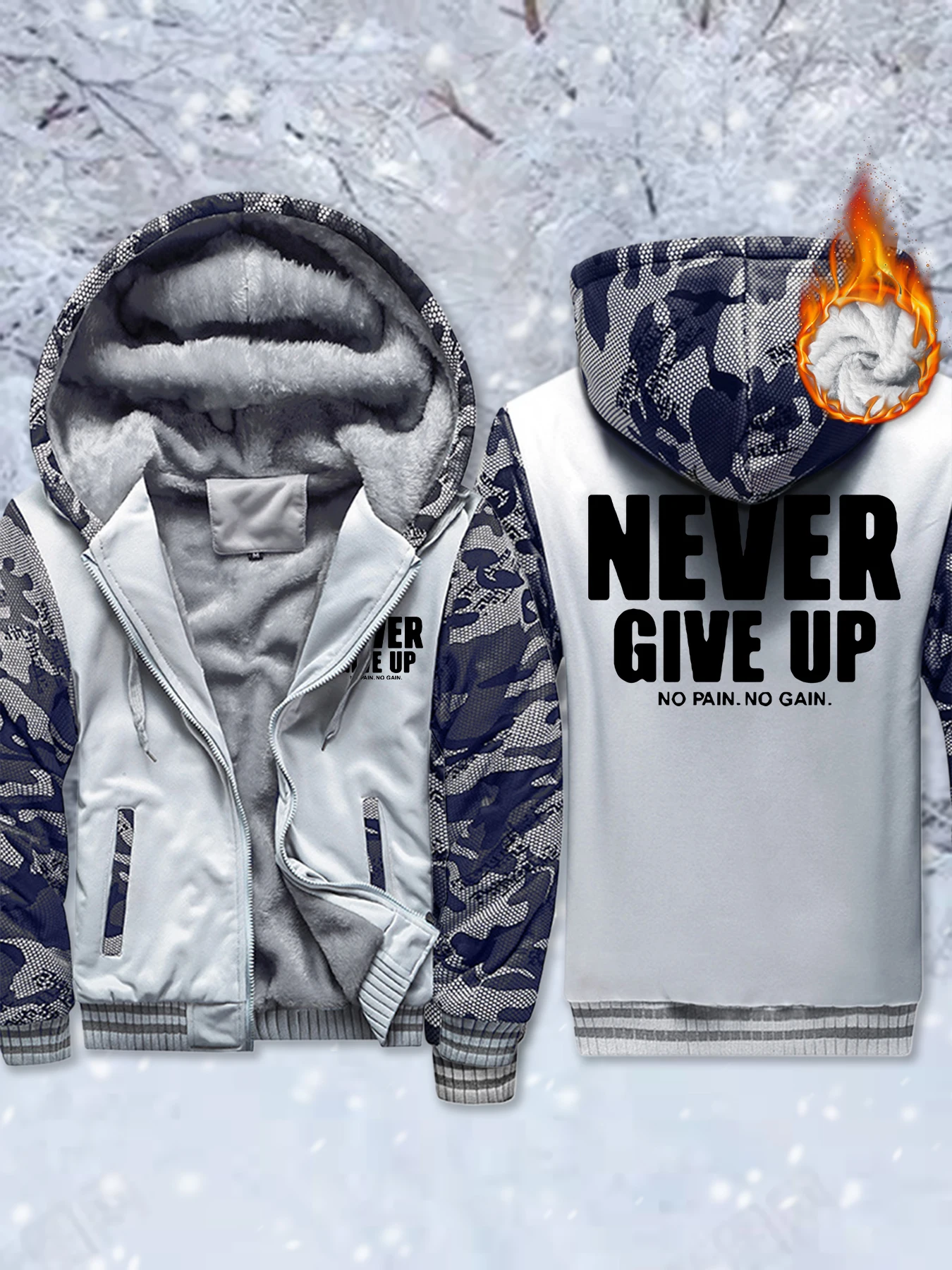 

Never Give Up No Pain No Gain Print Thicken Fleece Jackets Mens Comfy Pocket Outwear Winter Zip-Up Hoodie Warm Basics Coat