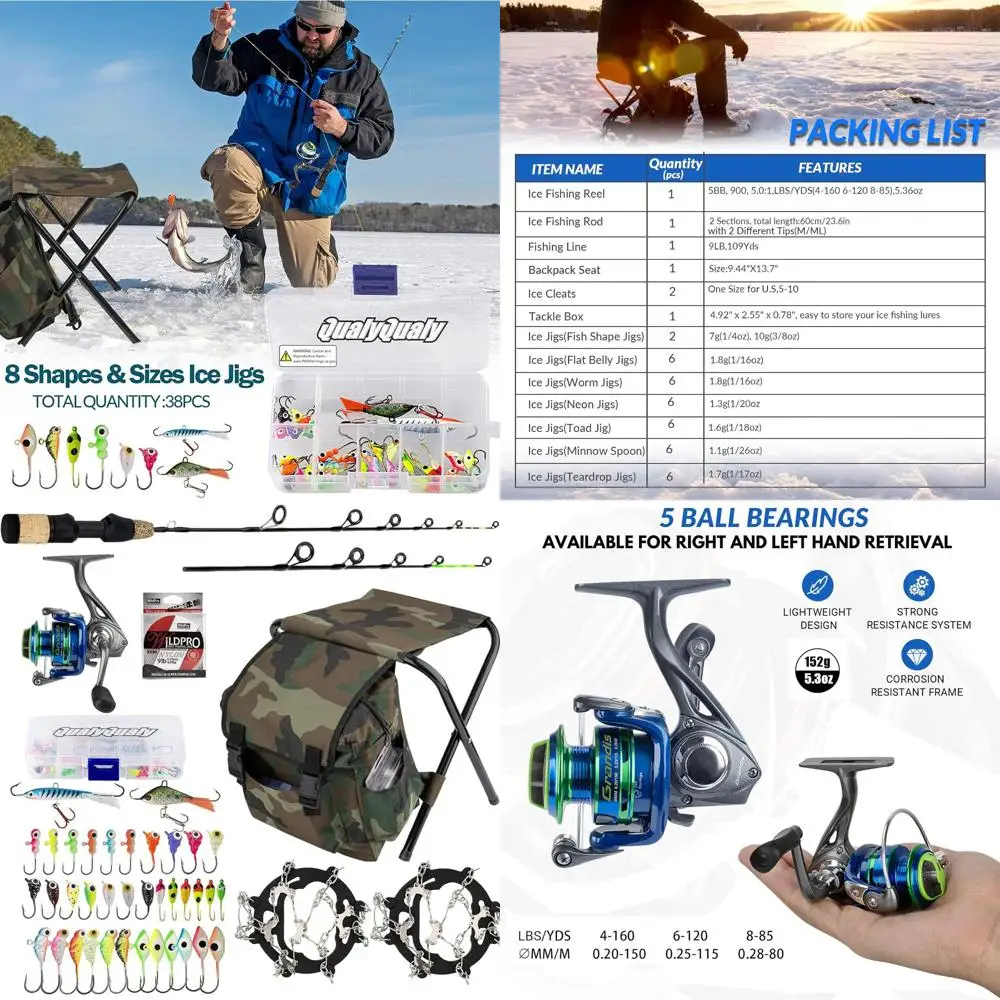 

Ice Fishing Rod Combo Kit with Backpack, Seat, Cleats, Jigs, and Line - 24 or 26