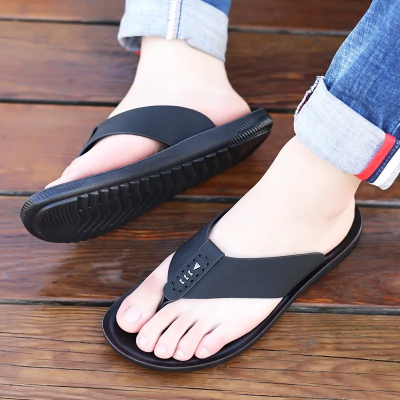 Brand Summer Beach Men Slippers Fashion Genuine Leather Casual Shoes Mens Beach Flip Flops Male Flats Outdoor Rubber Cool Shoes