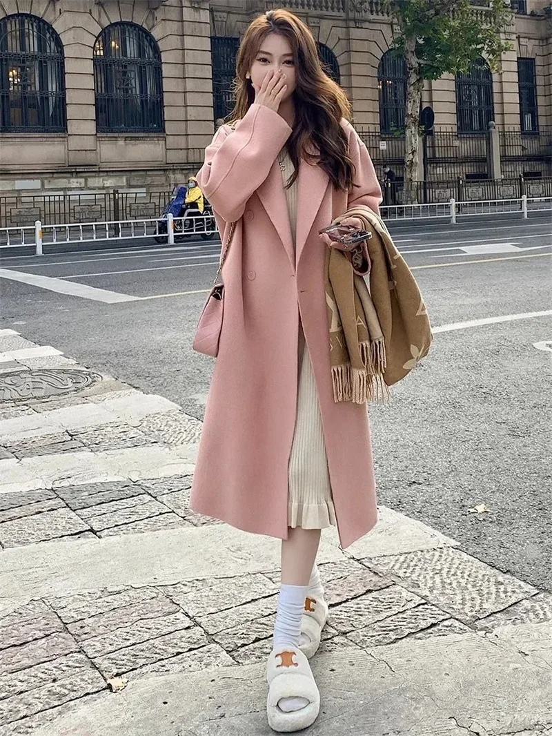 Pink Woolen Coat Women's Mid Length 2023 Autumn/Winter New Korean Version Loose and Versatile Hepburn Style Small Woolen Coat