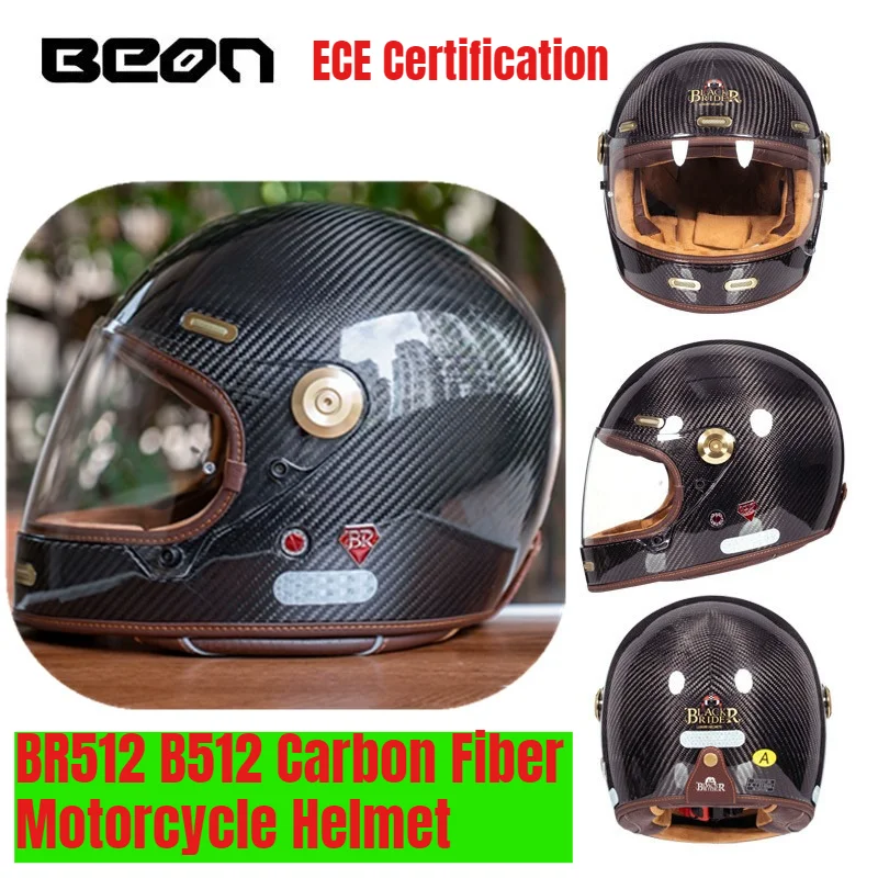 

BEON BR512 B512 Carbon Fiber Motorcycle Full Face Helmet Vintage Motocross Scooter Helmets ECE Certification casco moto